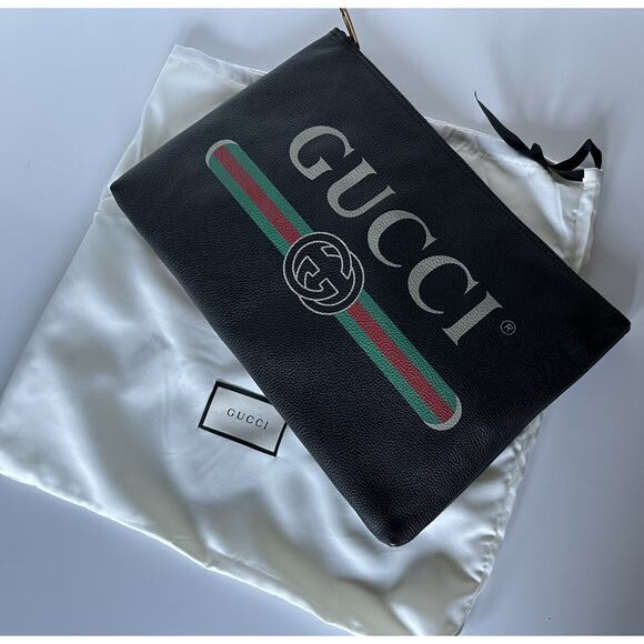 Gucci G Web Gucci Print Zip Around Black Pouch Made in Italy New - Picture 12 of 12